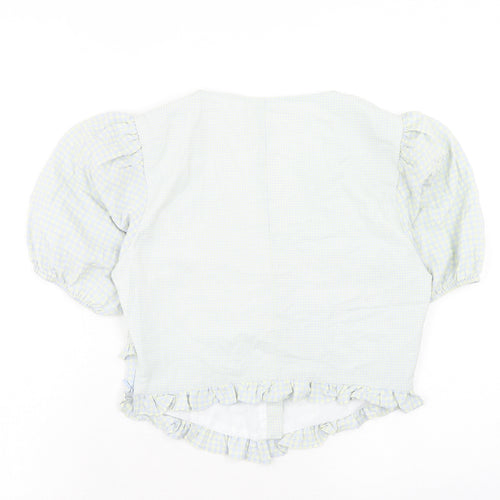 The Frolic Womens Blue Check Polyester Basic Blouse Size 10 V-Neck