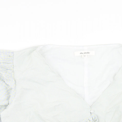 The Frolic Womens Blue Check Polyester Basic Blouse Size 10 V-Neck