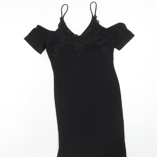 Miss Selfridge Womens Black Polyester Shift Size 8 V-Neck Pullover - Lace Detail, Cold Shoulder