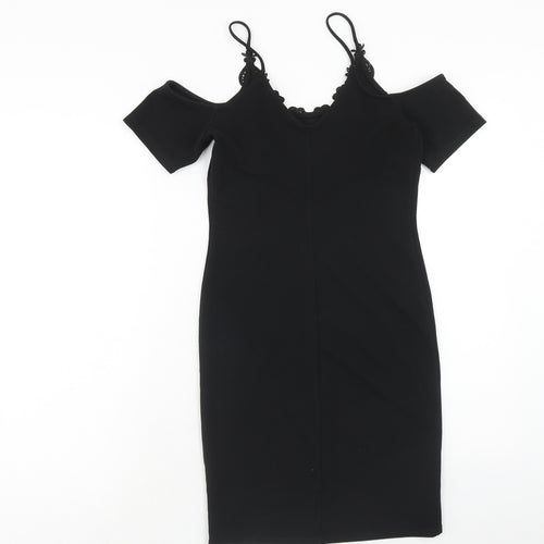 Miss Selfridge Womens Black Polyester Shift Size 8 V-Neck Pullover - Lace Detail, Cold Shoulder