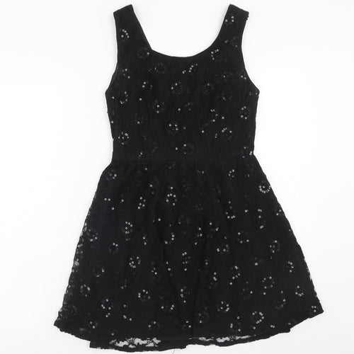 Topshop Womens Black Geometric Nylon Fit & Flare Size 10 Round Neck Button