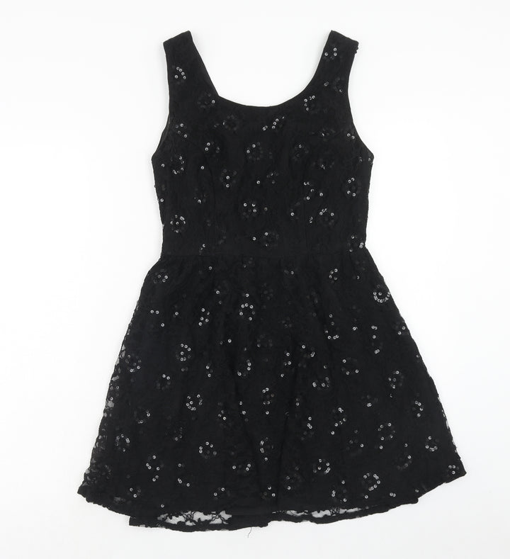 Topshop Womens Black Geometric Nylon Fit & Flare Size 10 Round Neck Button