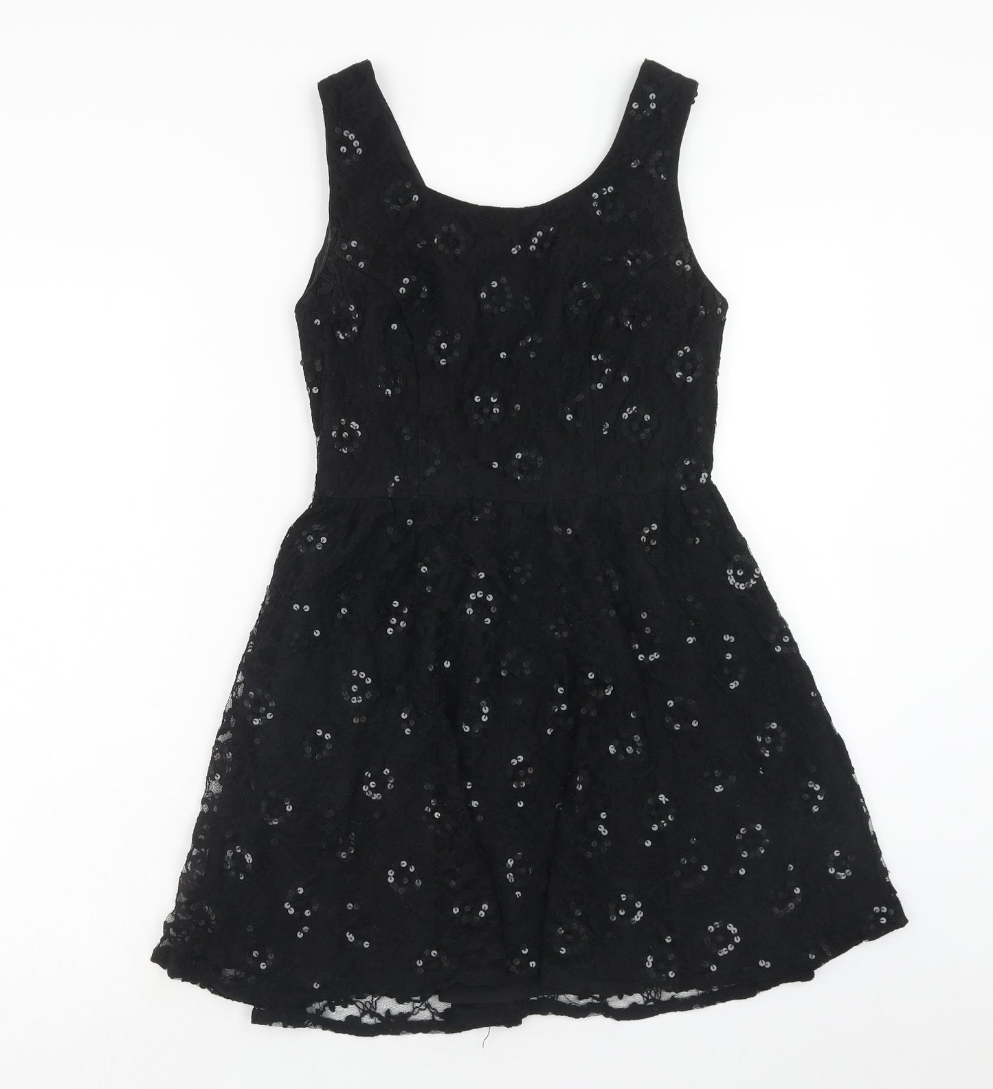 Topshop Womens Black Geometric Nylon Fit & Flare Size 10 Round Neck Button