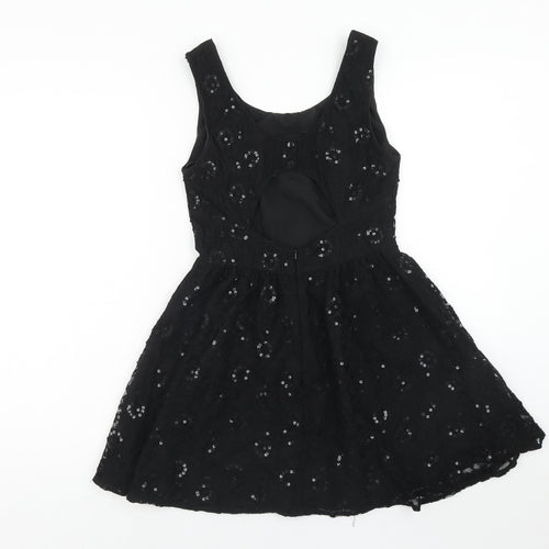 Topshop Womens Black Geometric Nylon Fit & Flare Size 10 Round Neck Button