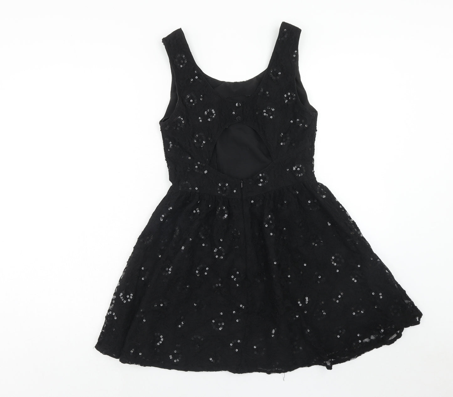 Topshop Womens Black Geometric Nylon Fit & Flare Size 10 Round Neck Button