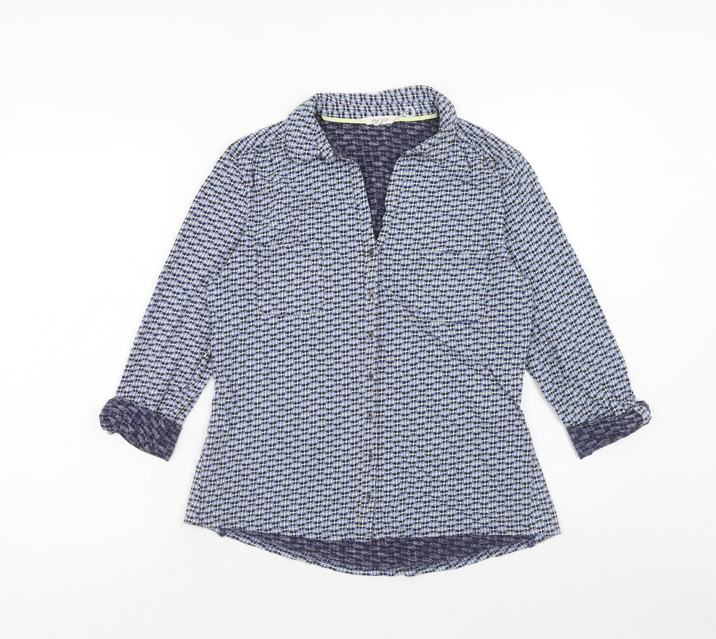 White Stuff Womens Blue Geometric Cotton Basic Button-Up Size 14 Collared