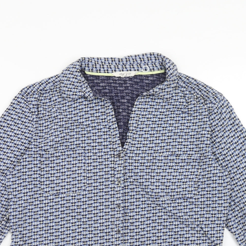 White Stuff Womens Blue Geometric Cotton Basic Button-Up Size 14 Collared