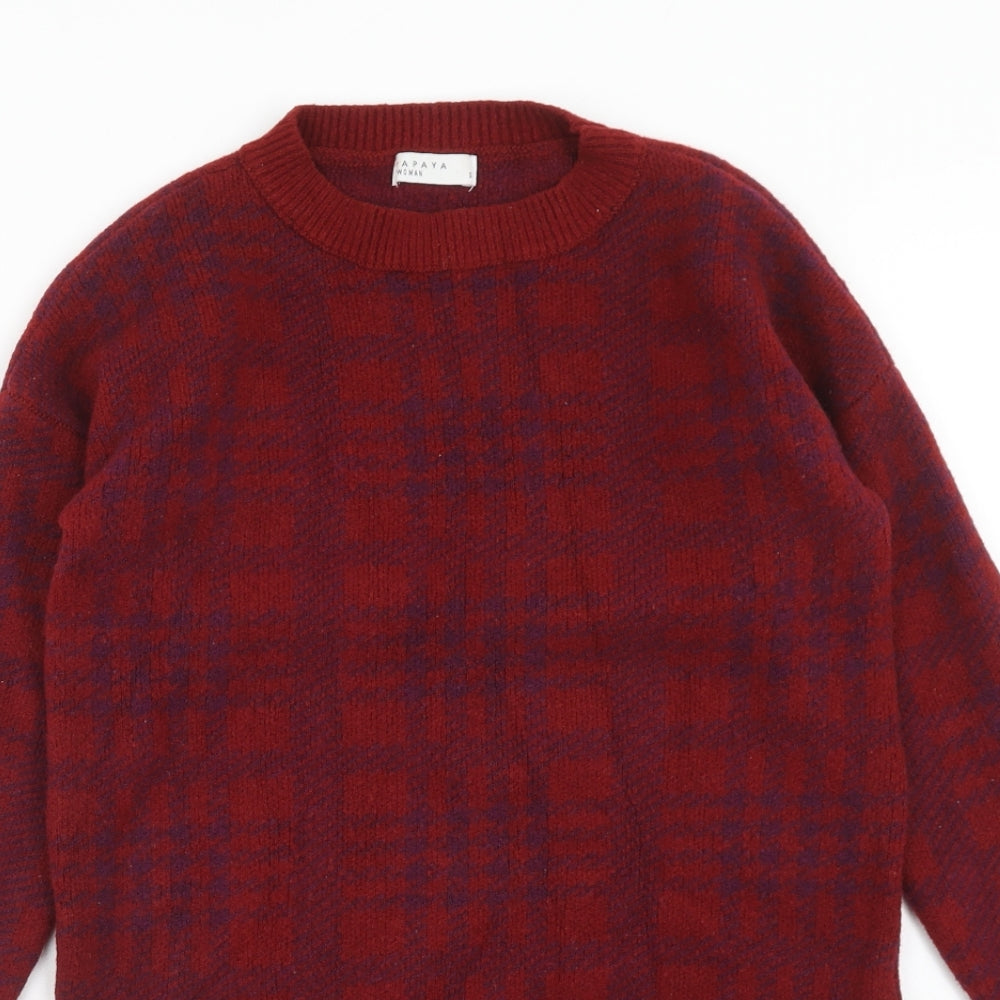 Papaya Womens Red Plaid Acrylic Jumper Dress Size S Round Neck Pullover