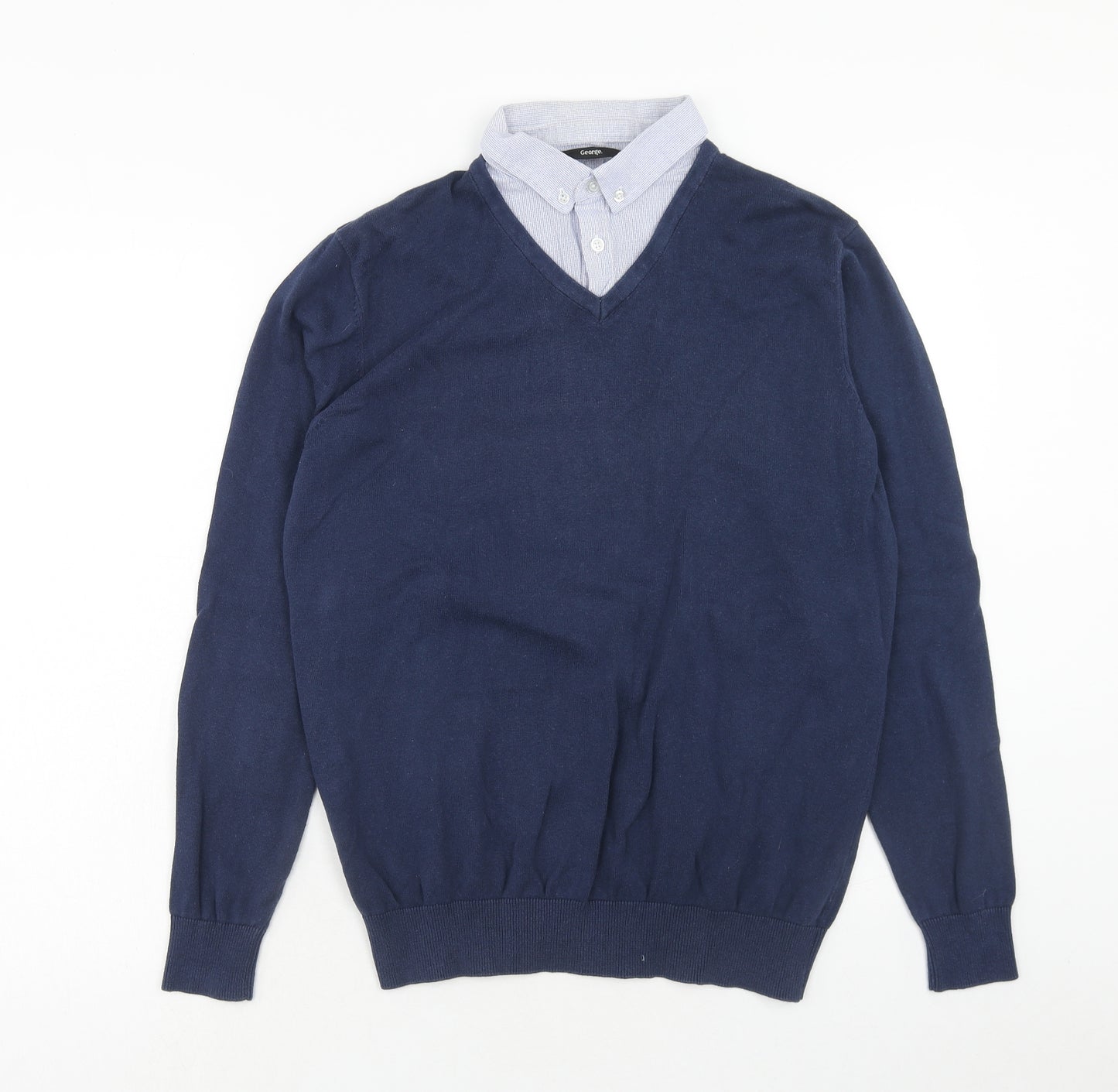 George Mens Blue Collared Cotton Pullover Jumper Size M Long Sleeve - Shirt Insert