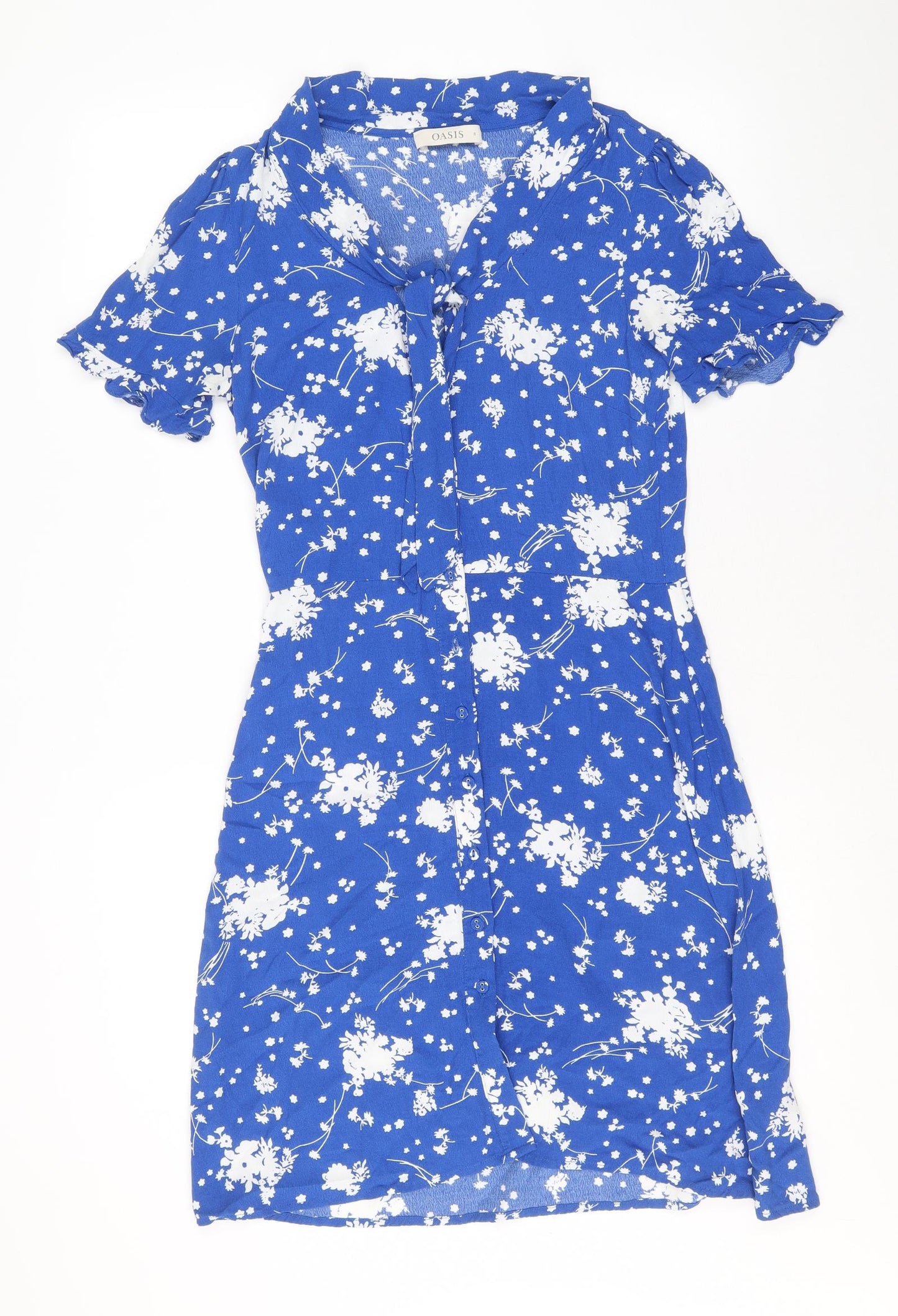 Oasis Womens Blue Floral Viscose A-Line Size 8 V-Neck Button