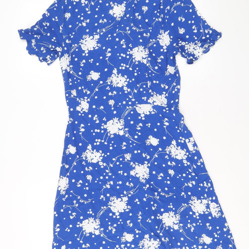 Oasis Womens Blue Floral Viscose A-Line Size 8 V-Neck Button