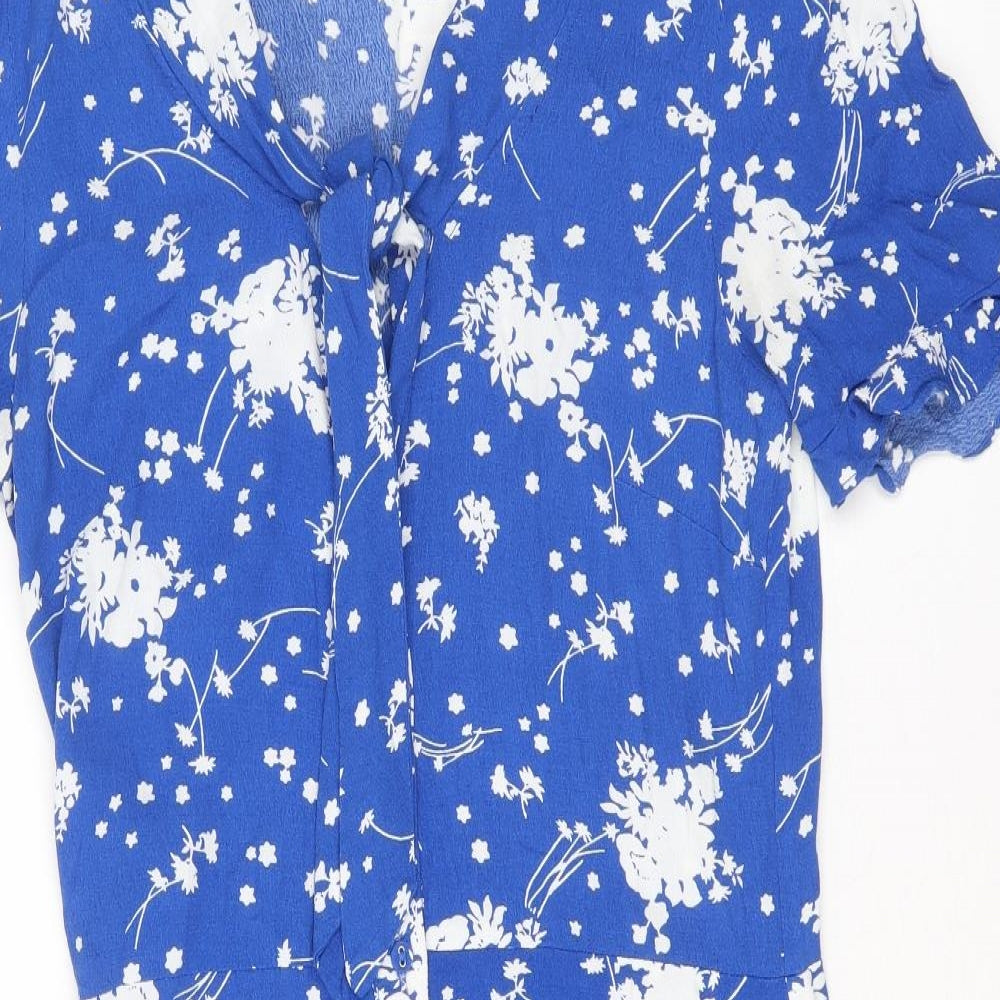 Oasis Womens Blue Floral Viscose A-Line Size 8 V-Neck Button
