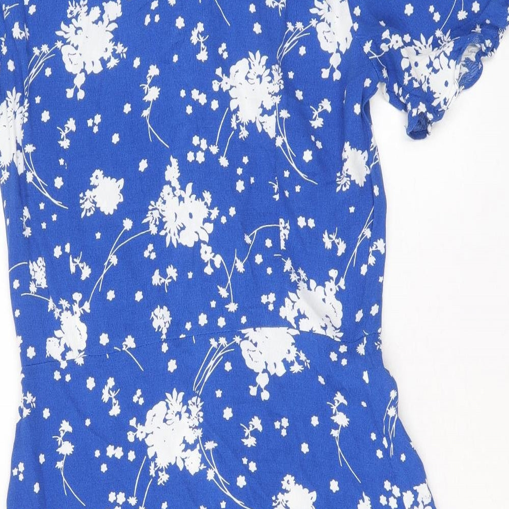 Oasis Womens Blue Floral Viscose A-Line Size 8 V-Neck Button