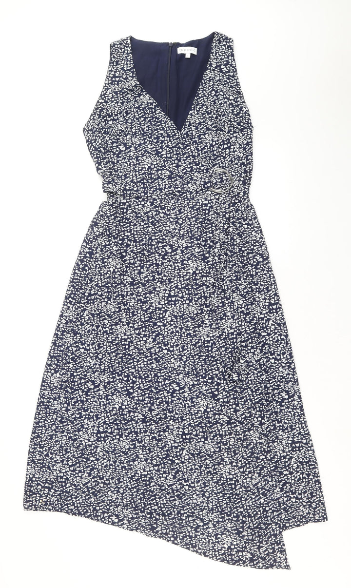 Warehouse Womens Blue Geometric Polyester Fit & Flare Size 8 V-Neck Zip