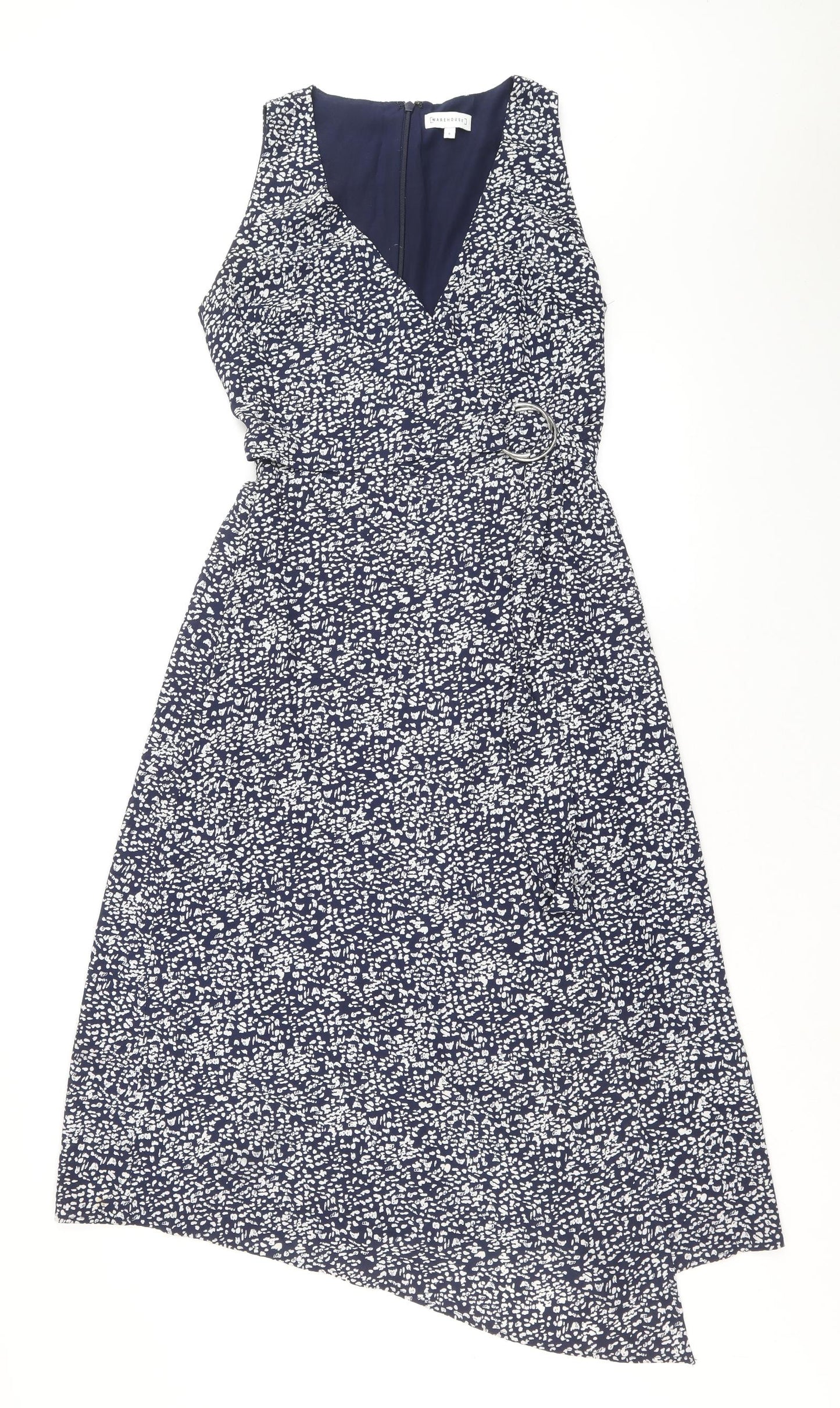 Warehouse Womens Blue Geometric Polyester Fit & Flare Size 8 V-Neck Zip