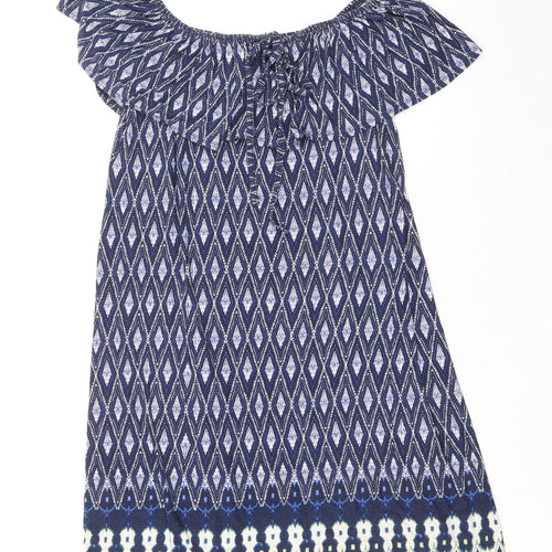 George Womens Blue Geometric Viscose A-Line Size 10 Off the Shoulder Pullover
