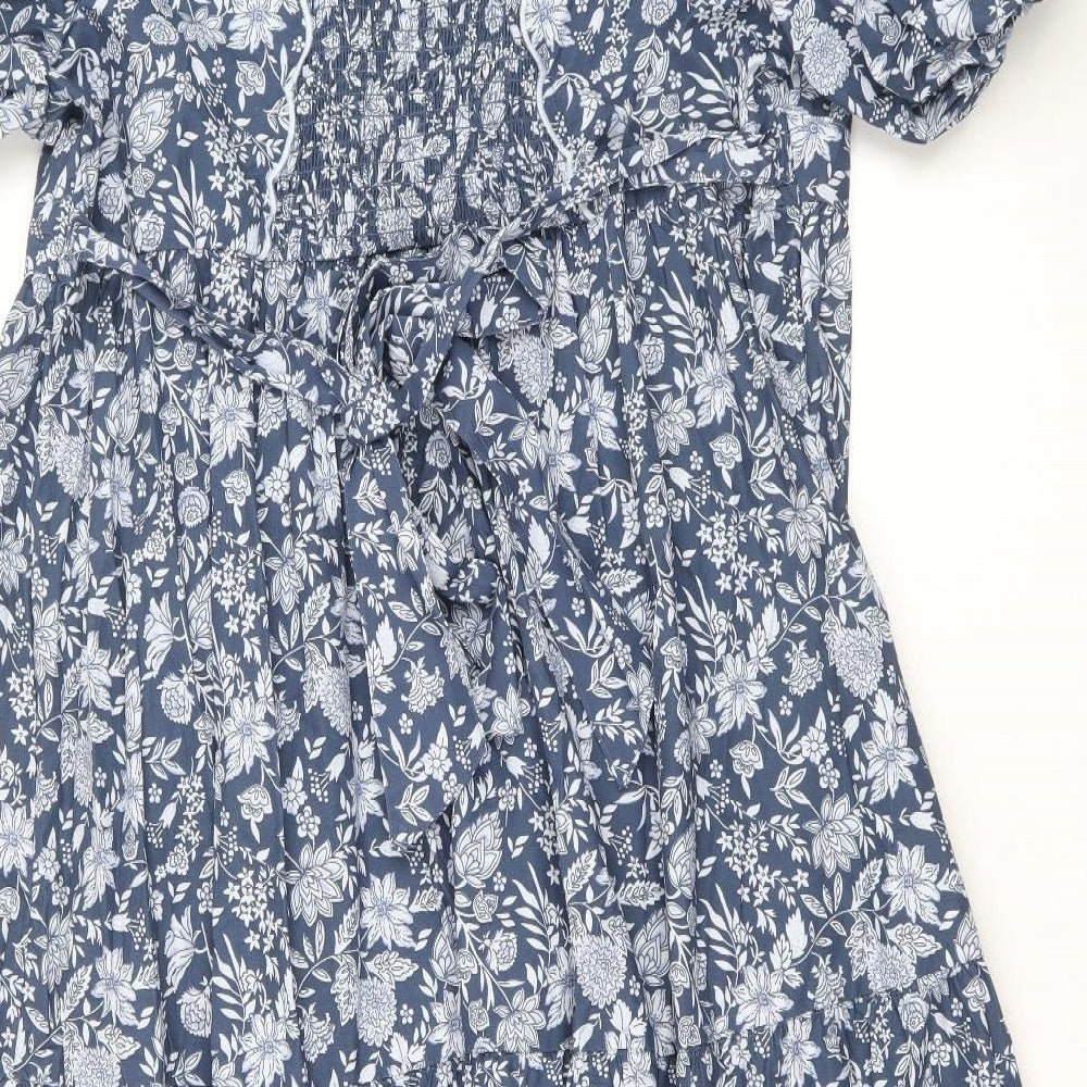 Marks and Spencer Womens Black Floral 100% Cotton Fit & Flare Size 18 V-Neck Button