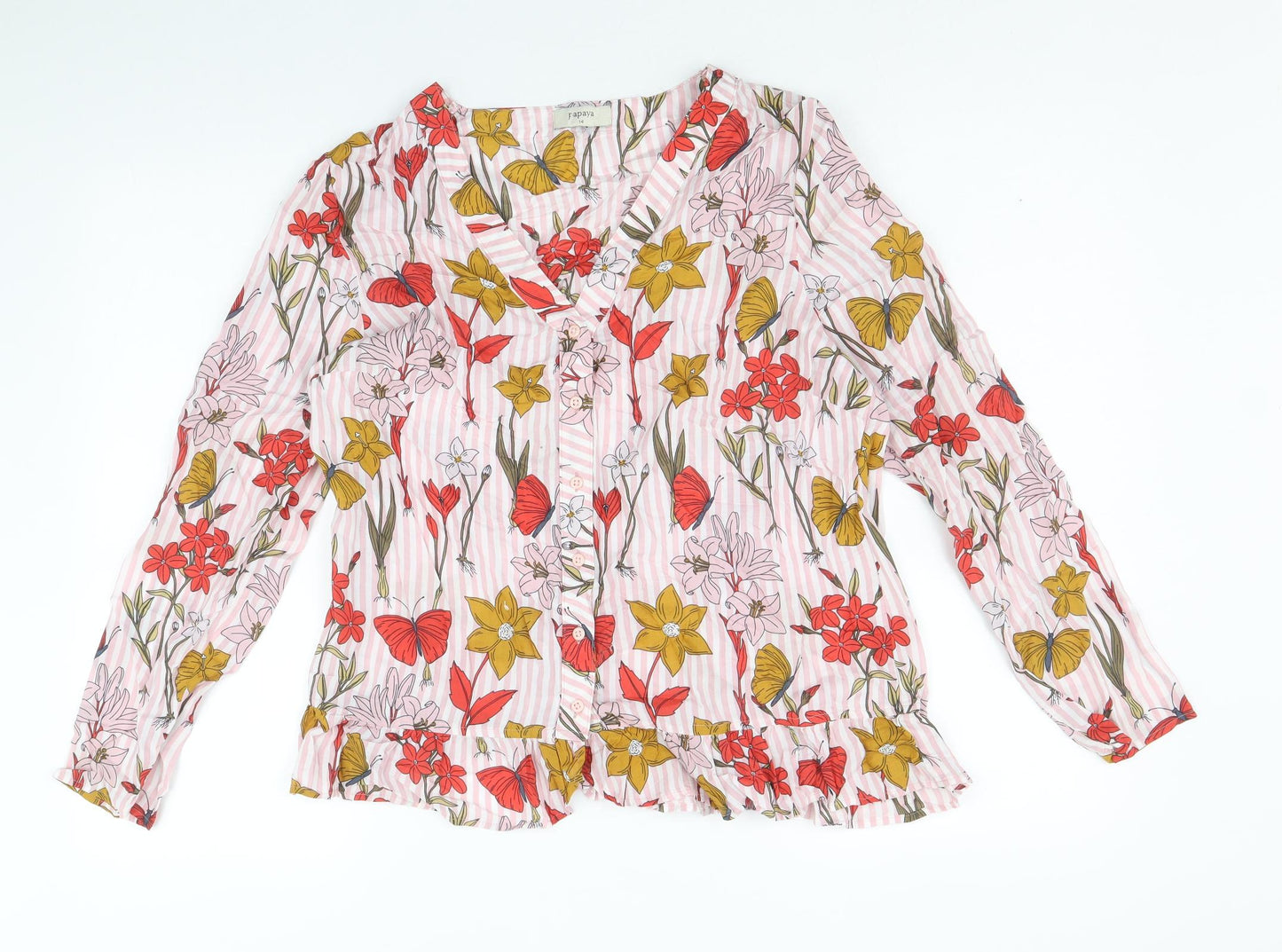 Papaya Womens Pink Floral Modal Basic Button-Up Size 14 V-Neck - Striped