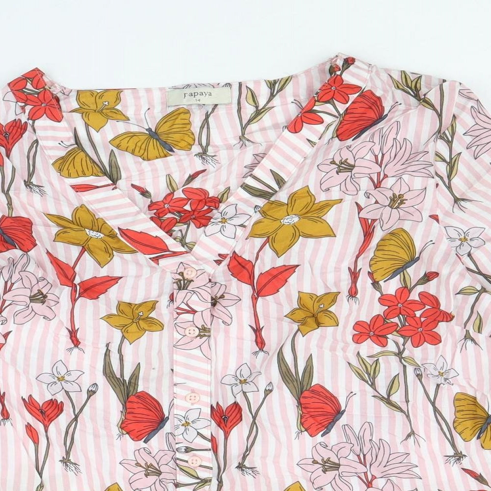 Papaya Womens Pink Floral Modal Basic Button-Up Size 14 V-Neck - Striped