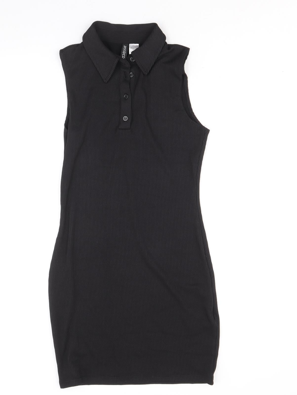 Divided by H&M Womens Black Polyester Mini Size S Collared Button