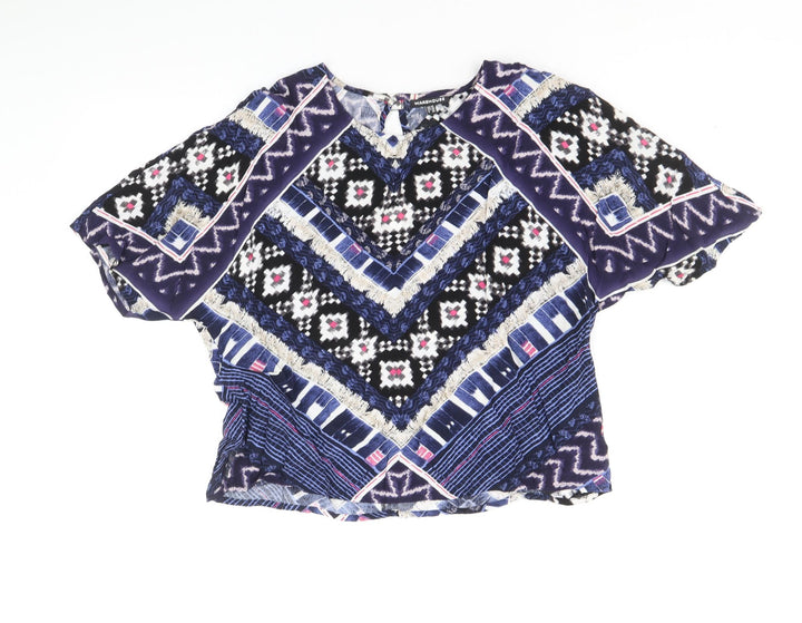 Warehouse Womens Blue Geometric Viscose Basic Blouse Size 10 V-Neck