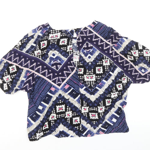 Warehouse Womens Blue Geometric Viscose Basic Blouse Size 10 V-Neck