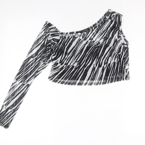 I SAW IT FIRST Womens Black Animal Print Polyester Cropped Blouse Size 12 One Shoulder - Zebra Pattern