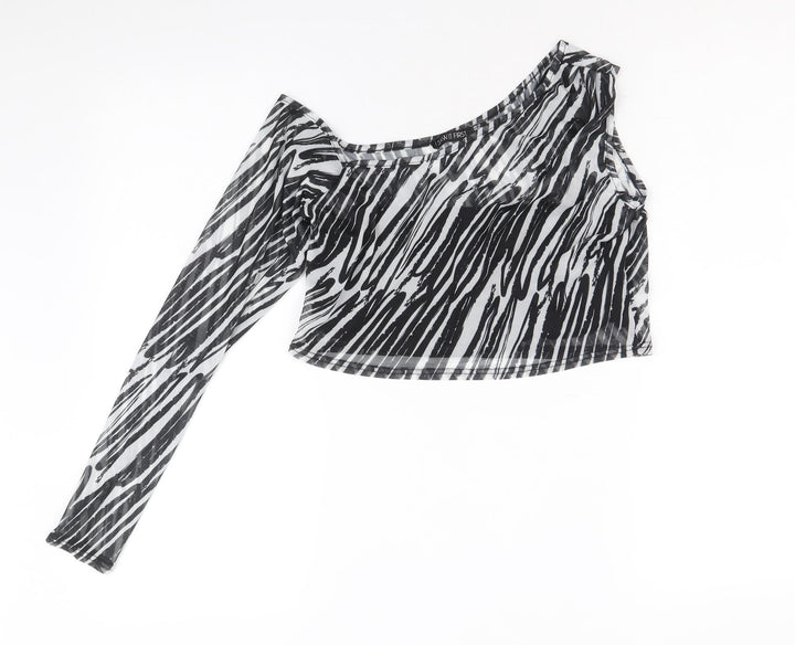 I SAW IT FIRST Womens Black Animal Print Polyester Cropped Blouse Size 12 One Shoulder - Zebra Pattern