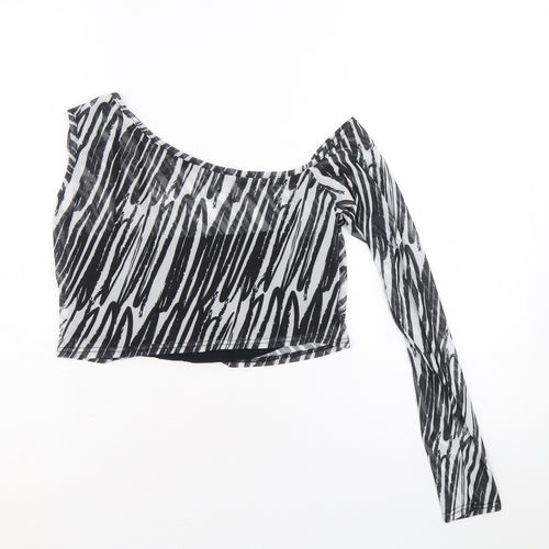 I SAW IT FIRST Womens Black Animal Print Polyester Cropped Blouse Size 12 One Shoulder - Zebra Pattern
