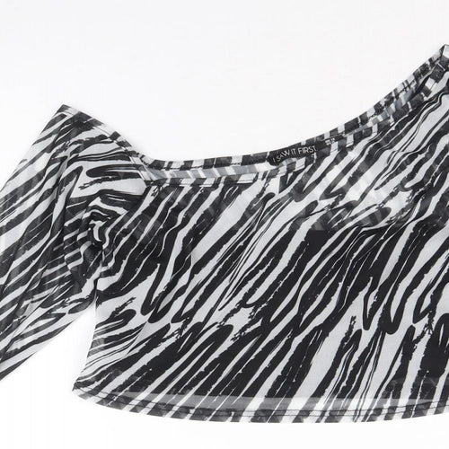 I SAW IT FIRST Womens Black Animal Print Polyester Cropped Blouse Size 12 One Shoulder - Zebra Pattern