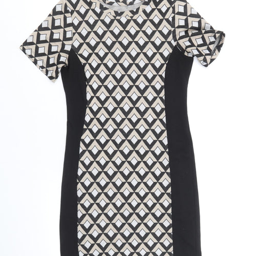 Preworn Womens Black Geometric Polyester Shift Size 10 Round Neck Pullover
