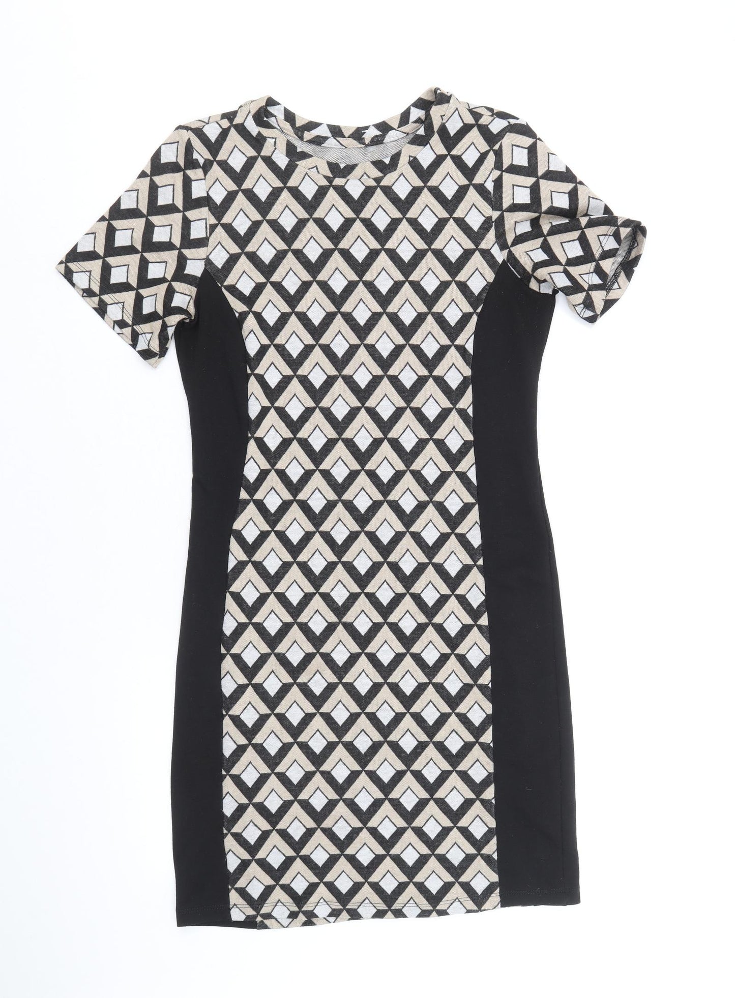 Preworn Womens Black Geometric Polyester Shift Size 10 Round Neck Pullover