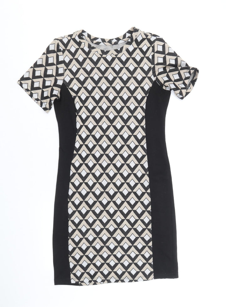Preworn Womens Black Geometric Polyester Shift Size 10 Round Neck Pullover