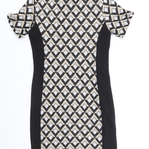 Preworn Womens Black Geometric Polyester Shift Size 10 Round Neck Pullover