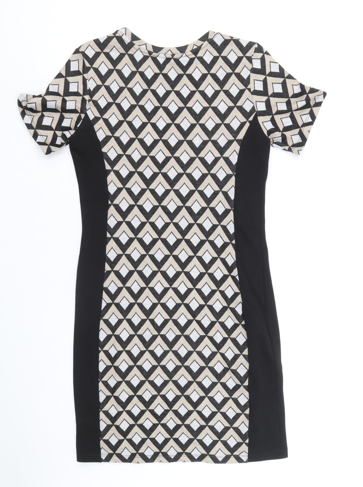 Preworn Womens Black Geometric Polyester Shift Size 10 Round Neck Pullover