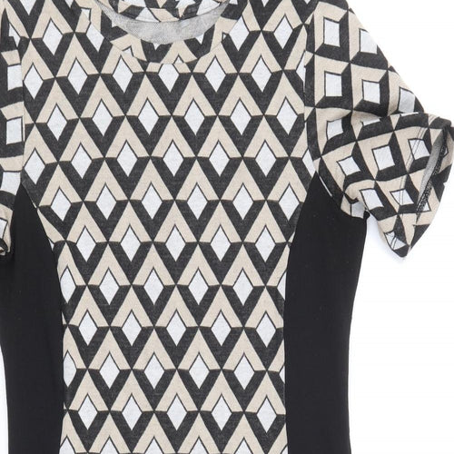 Preworn Womens Black Geometric Polyester Shift Size 10 Round Neck Pullover