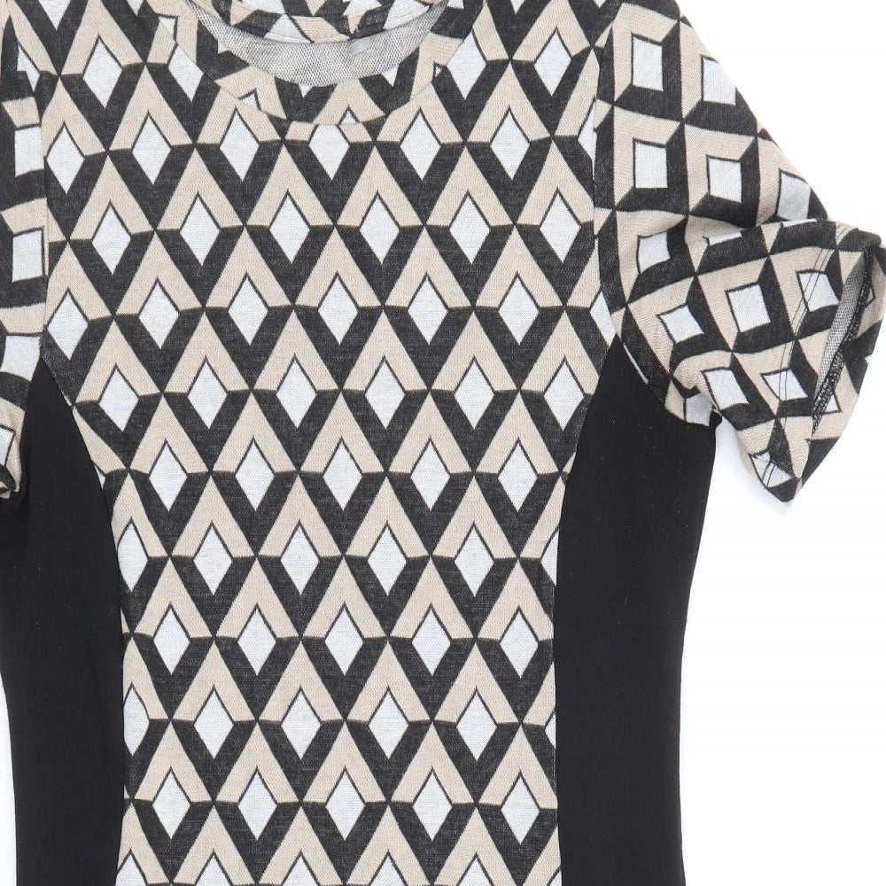 Preworn Womens Black Geometric Polyester Shift Size 10 Round Neck Pullover