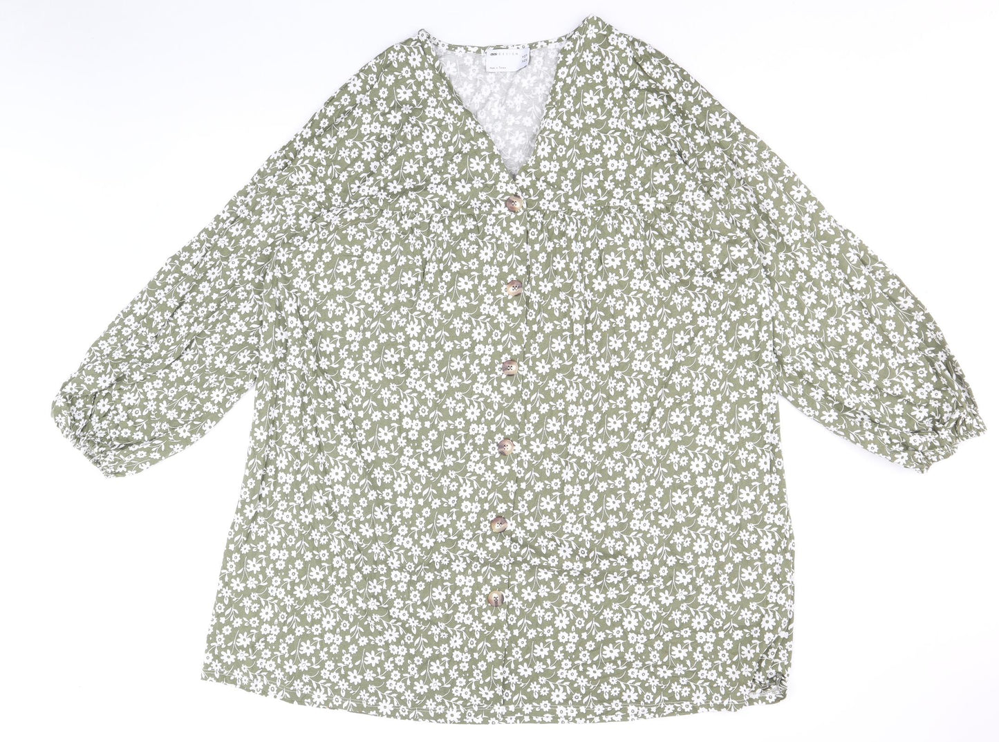 ASOS Womens Green Floral 100% Cotton A-Line Size 16 V-Neck Pullover