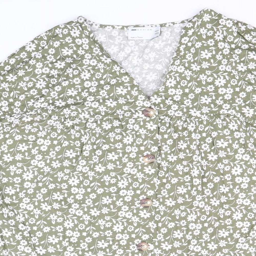 ASOS Womens Green Floral 100% Cotton A-Line Size 16 V-Neck Pullover