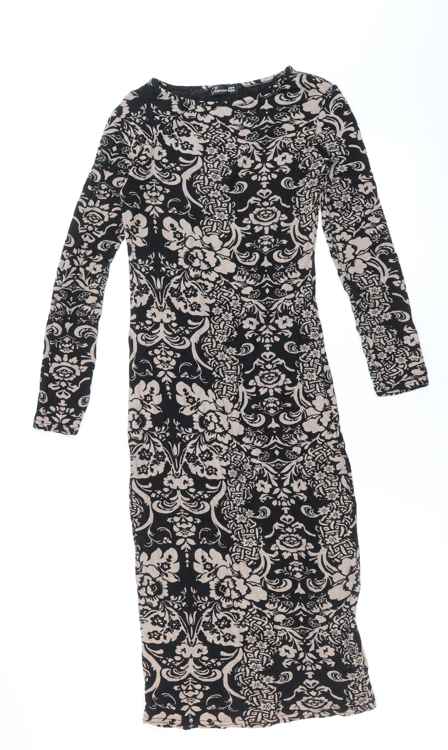 Glamour Babe Womens Black Geometric Viscose Bodycon Size M Round Neck Pullover - Size M-L
