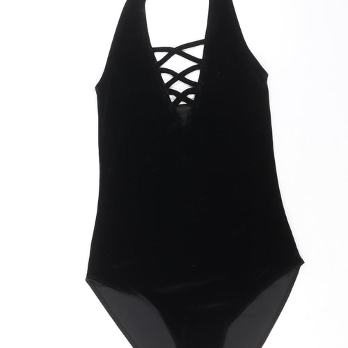Miss Selfridge Womens Black Polyester Bodysuit One-Piece Size 6 Snap - Lattice Neck Detail