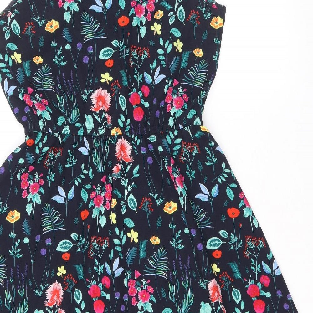 Only Womens Blue Floral Polyester Fit & Flare Size 8 Round Neck Pullover