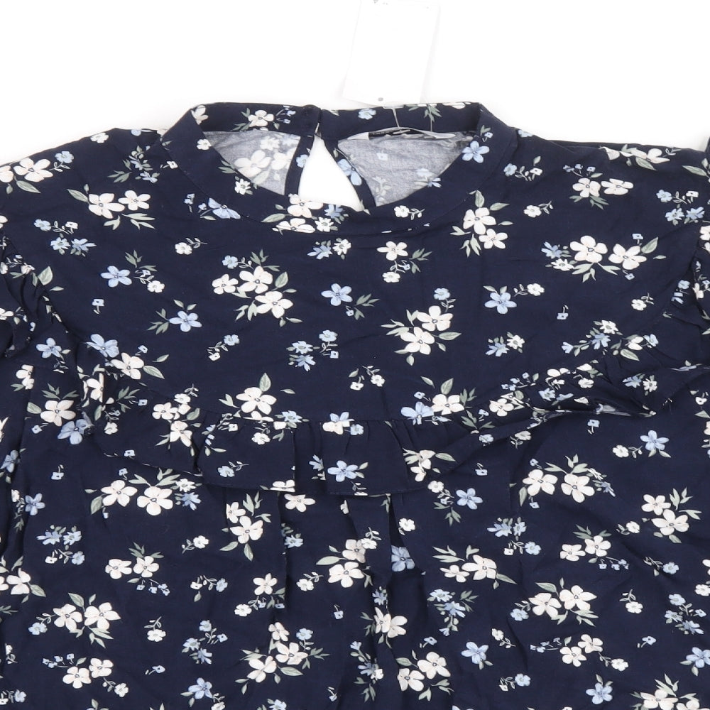 Papaya Womens Blue Floral Viscose Basic Blouse Size 16 Round Neck