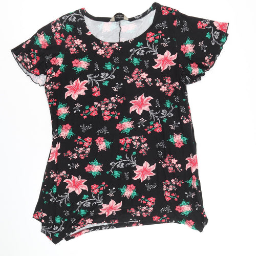 Poetic Soul Womens Black Floral Viscose Basic Blouse Size L Round Neck
