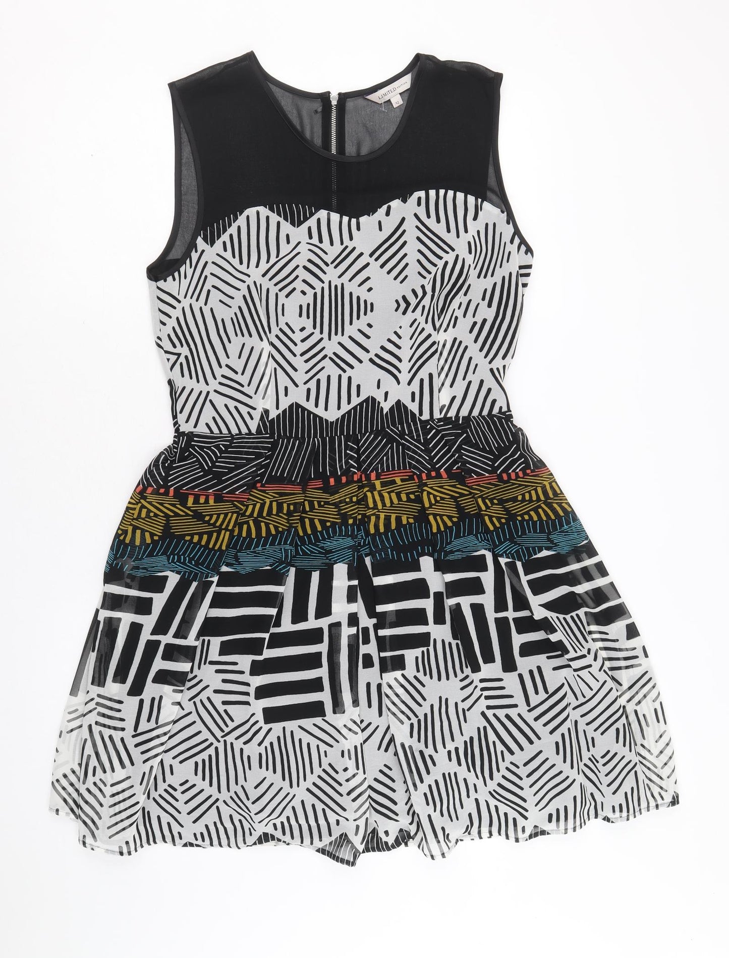 Marks and Spencer Womens Black Geometric Polyacrylate Fibre Skater Dress Size 12 Round Neck Zip