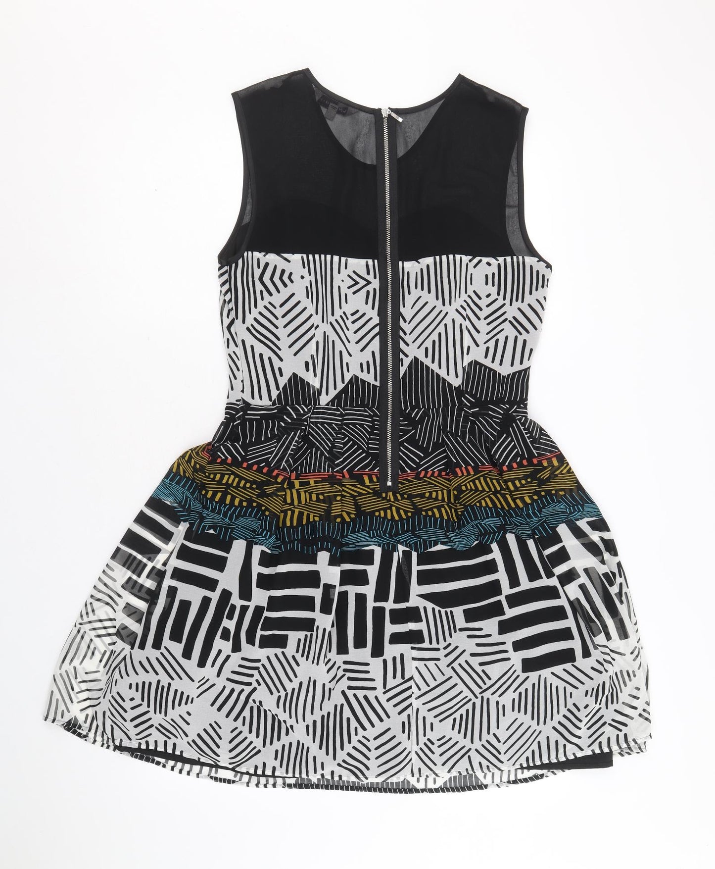 Marks and Spencer Womens Black Geometric Polyacrylate Fibre Skater Dress Size 12 Round Neck Zip