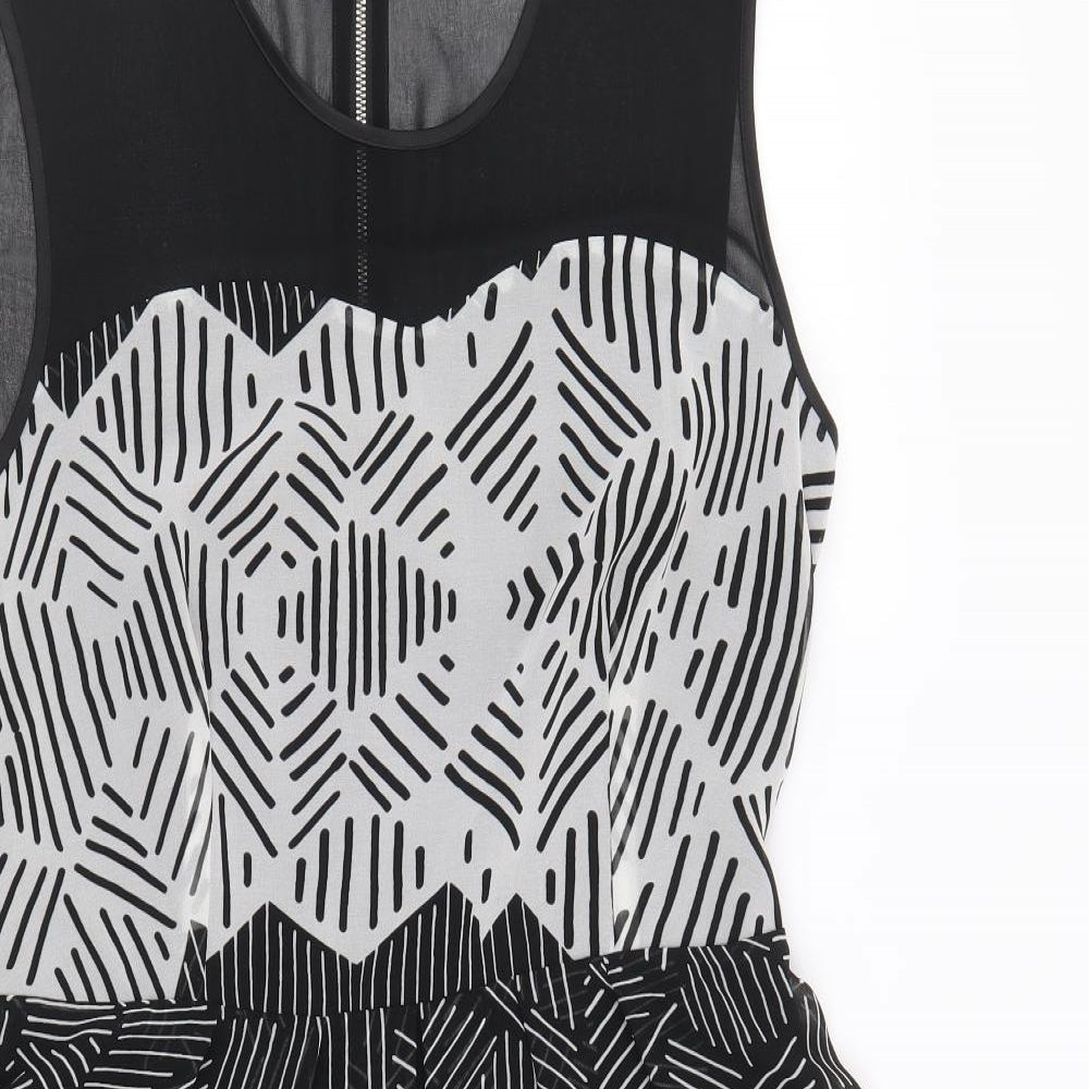 Marks and Spencer Womens Black Geometric Polyacrylate Fibre Skater Dress Size 12 Round Neck Zip