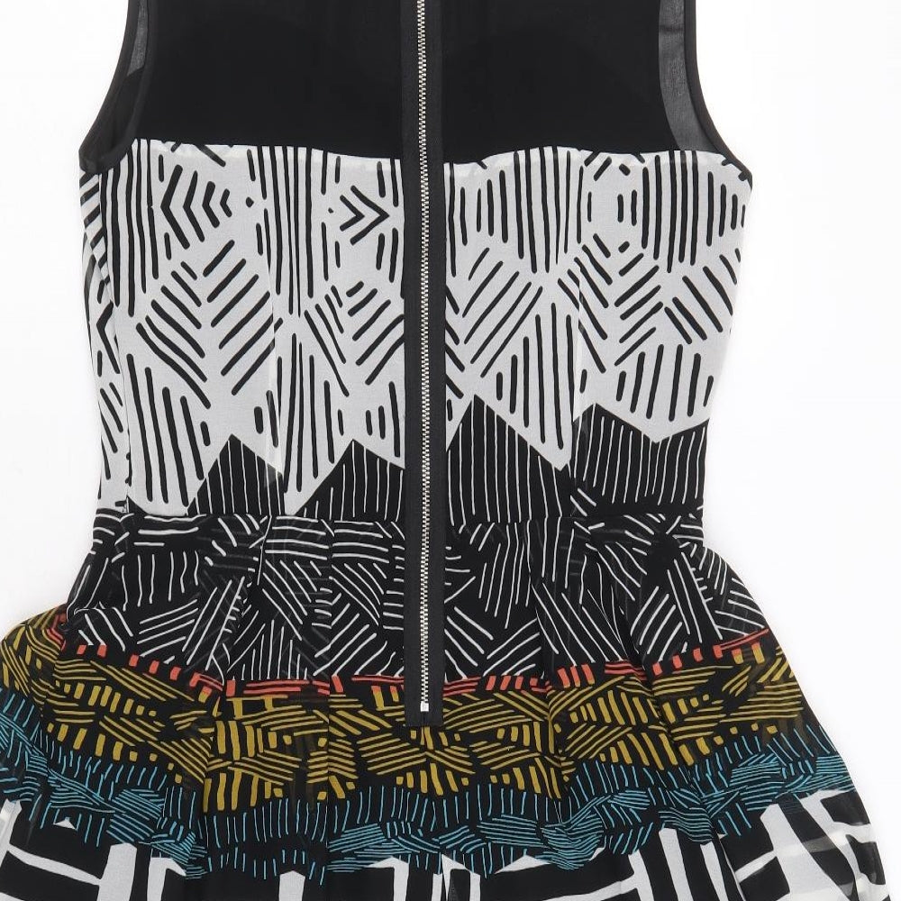 Marks and Spencer Womens Black Geometric Polyacrylate Fibre Skater Dress Size 12 Round Neck Zip