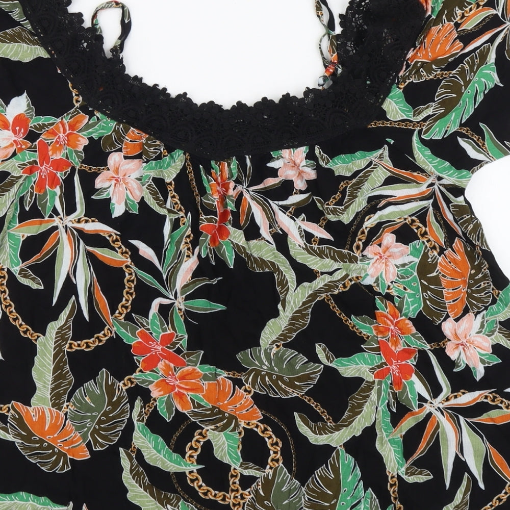 PEP&CO Womens Black Geometric Viscose Basic Blouse Size 12 Square Neck - Lace Detail