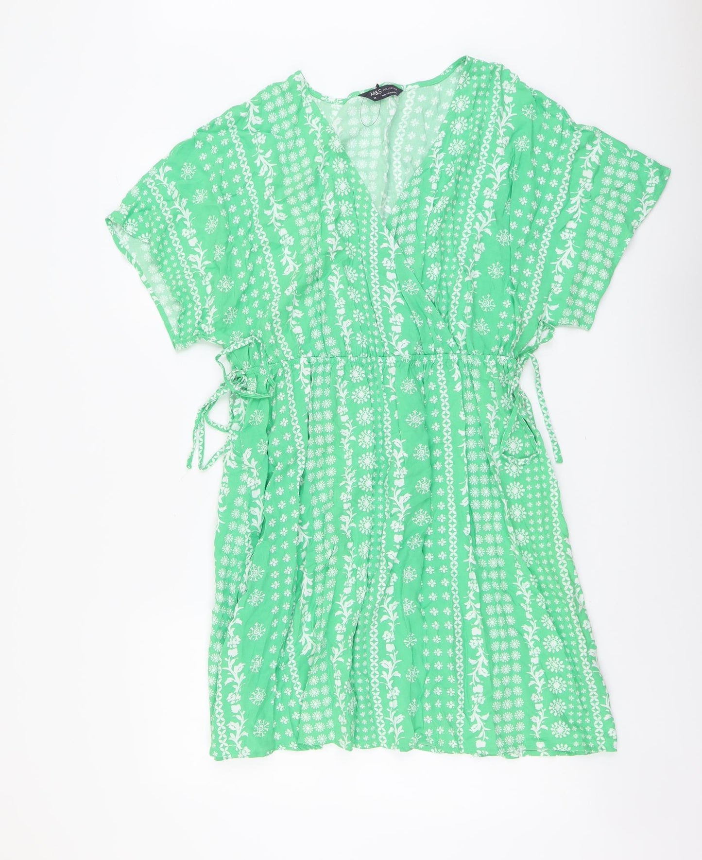 Marks and Spencer Womens Green Floral Viscose Fit & Flare Size 14 V-Neck Pullover